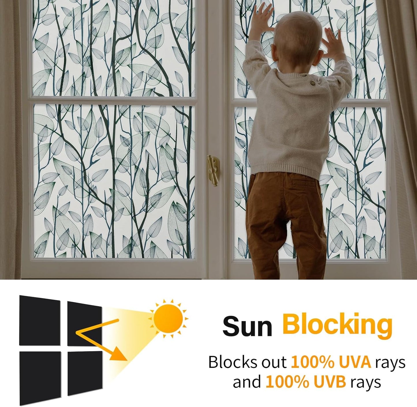 Leaf Pattern Window Tint with Installation Tools, Blackout Window Cover, Sun Blocking Window Tint for Home (Full Blackout Opaque, 17.7'' x 118.1'')