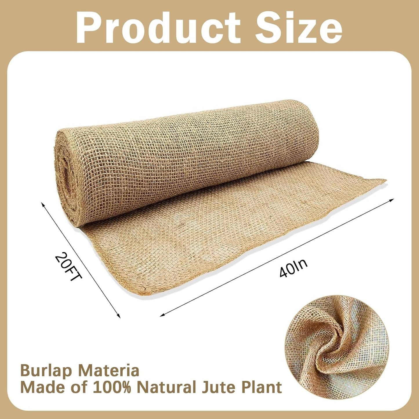 40InX20FT Burlap Rolls Multipurpose Jute Burlap Fabric for Garden Tree Wrap Outdoor Weed Barrier Protection for Plant Shrubs DIY Craft Projects and Party Decor
