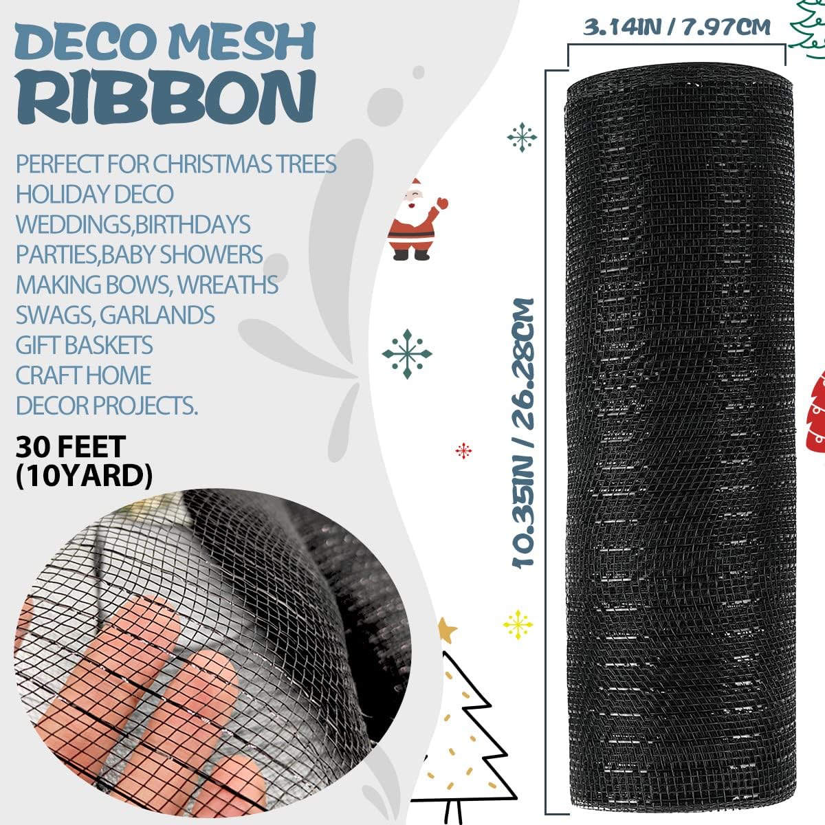 Anivia Deco Mesh Ribbon, 10inch x 30 Feet Each Roll Metallic Foil Mesh Ribbon for Wreaths Swags, Holloween, and Christmas Tree Decoration (Black)