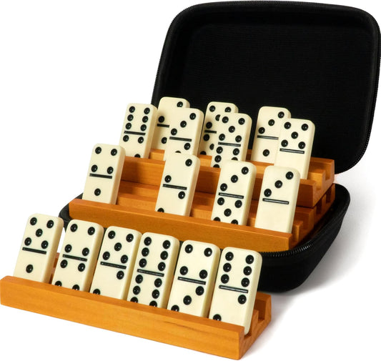 Queensell Dominos Set for Adults with 4 Domino Racks - Double 6 Dominoes Set with Domino Holder, Classic Board Games for Kids and Adults - Double Six Standard Dominos Set 28 Tiles with Travel Case