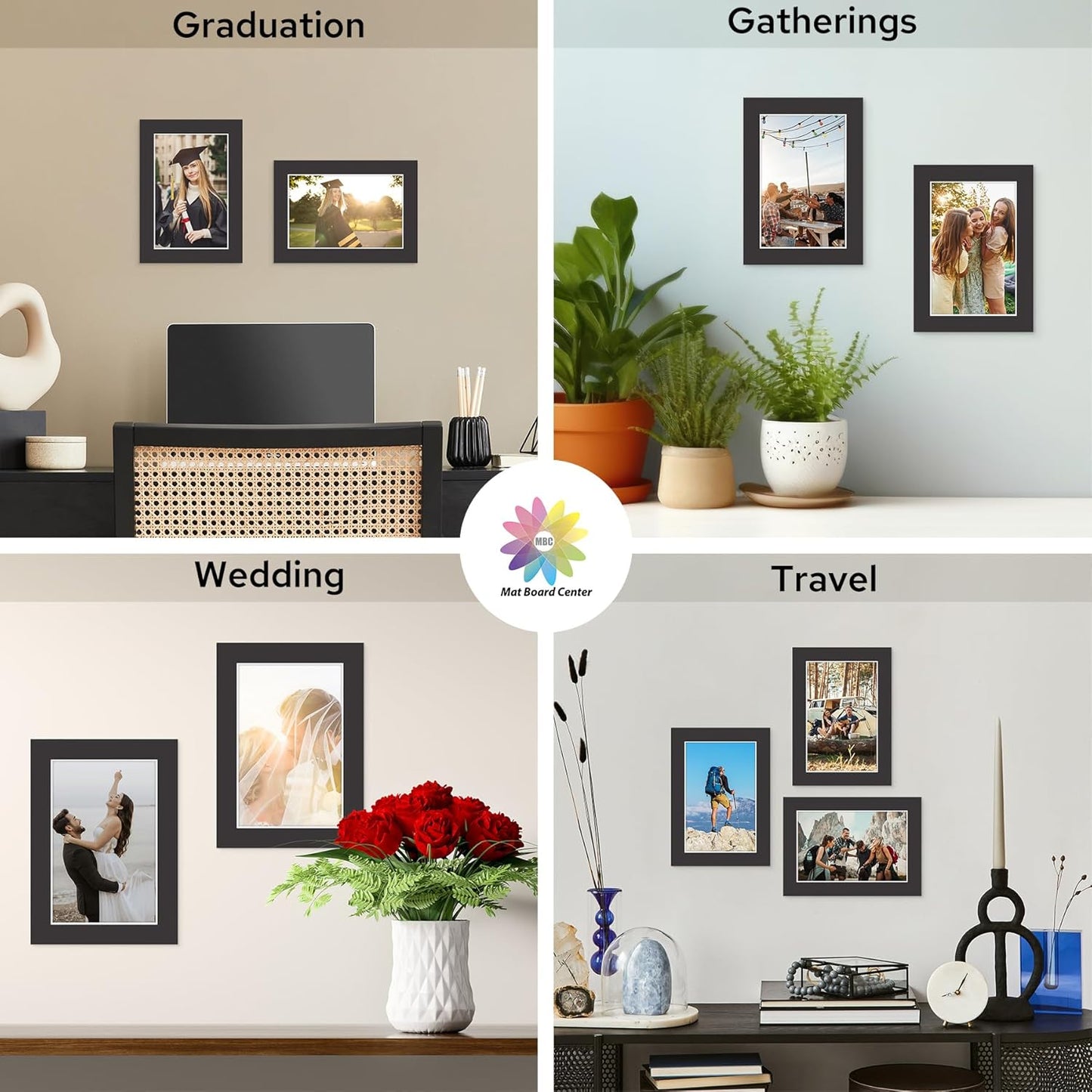 Mat Board Center, 5X7 Black Mats for 4X6 Pictures - Acid Free, 4-Ply Thickness, White Core, Bevel Cut - for Artworks, Photos, Framing - Pack of 12