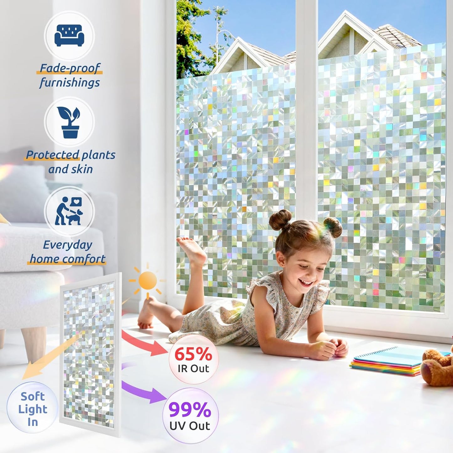 rabbitgoo Stained Glass Window Privacy Film Mosaic Pattern, Frosted Glass Window Film Rainbow Decorative Sticker, Static Cling UV Blocking Suncatcher for Home, 17.5 x 78.7 Inches