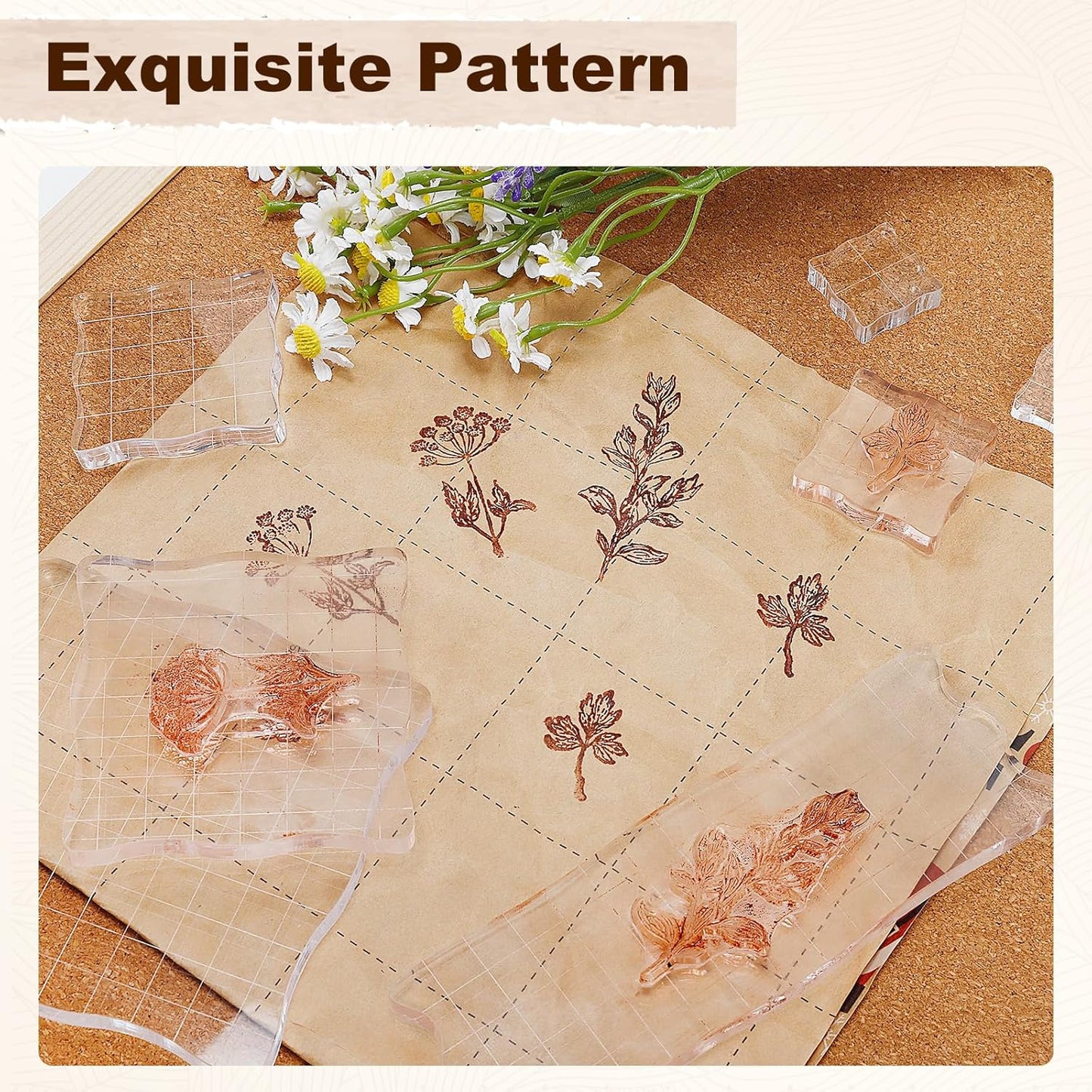 UCEC 7 Pieces Acrylic Stamp Block Assorted Sizes Clear Acrylic Mounting Blocks Set, Decorative Stamp Blocks with Grid Lines for Scrapbooking Crafts Making