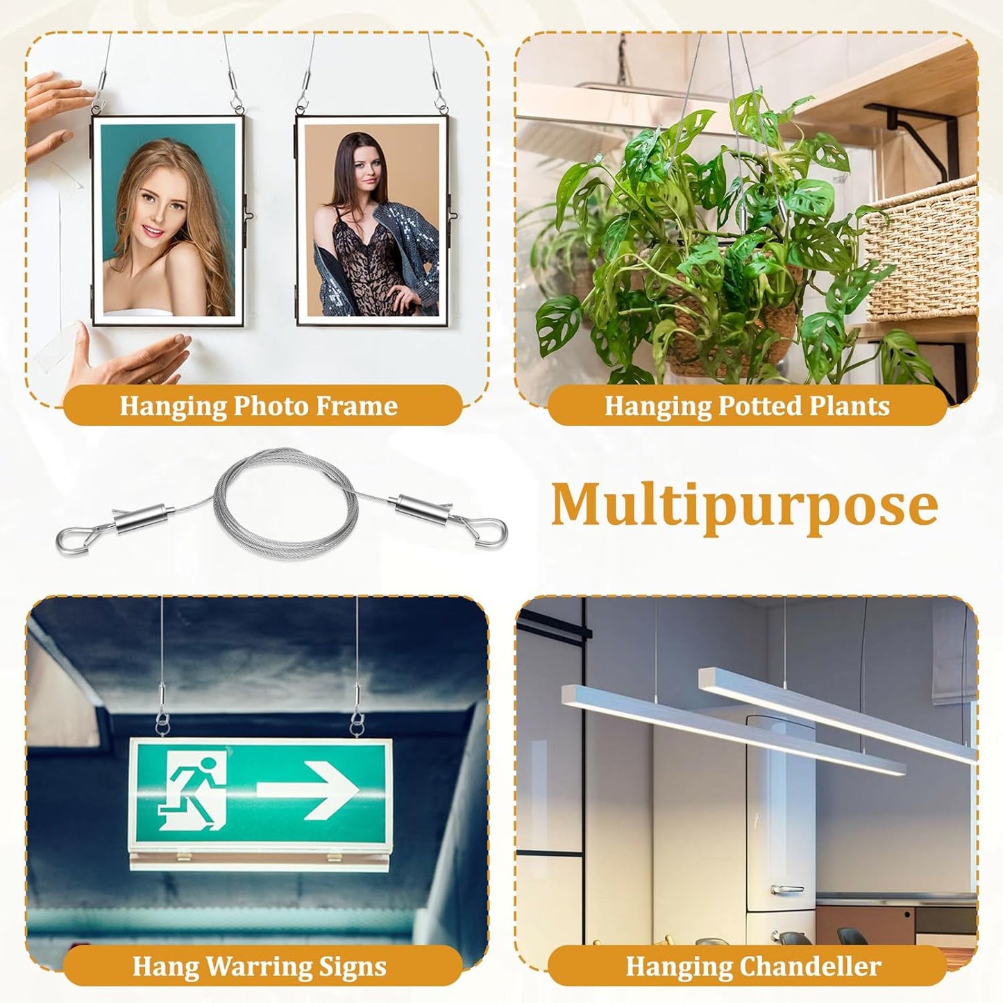 6PCS Heavy Duty Picture Hanging Wire 9.8ft X 1.5mm Mirror Frame Hanging Kit Adjustable Stainless Steel Rope for Pictures, Mirrors, Frames, Artwork, Light Lamp and Billboards, Supports up to 66lbs