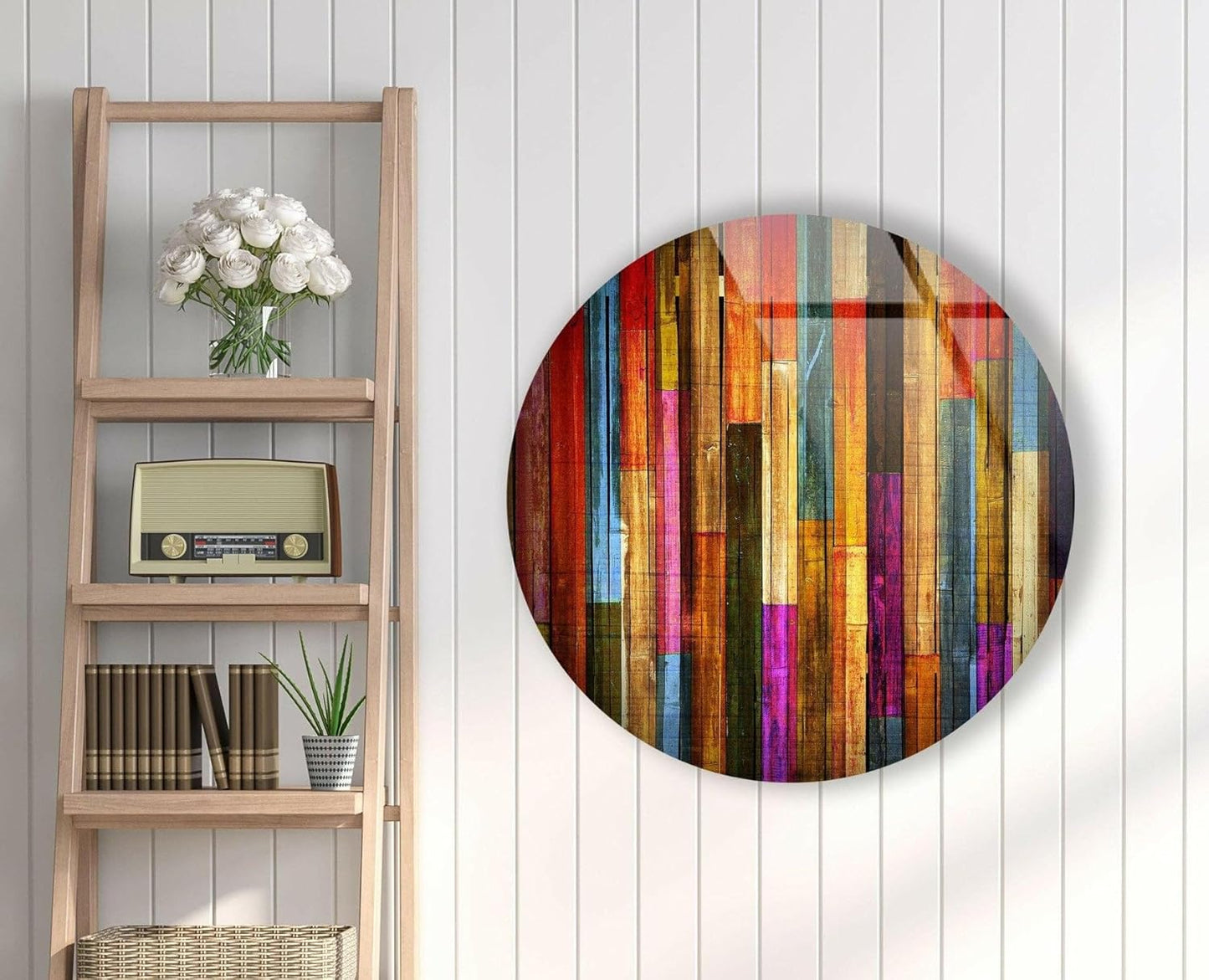 My Photostation.com 15.8''(40cm) Diameter Colorful Wood Pattern Round Glass Wall Art Tempered Glass Printing Wall Decor Large Wall Art Wall Hangings