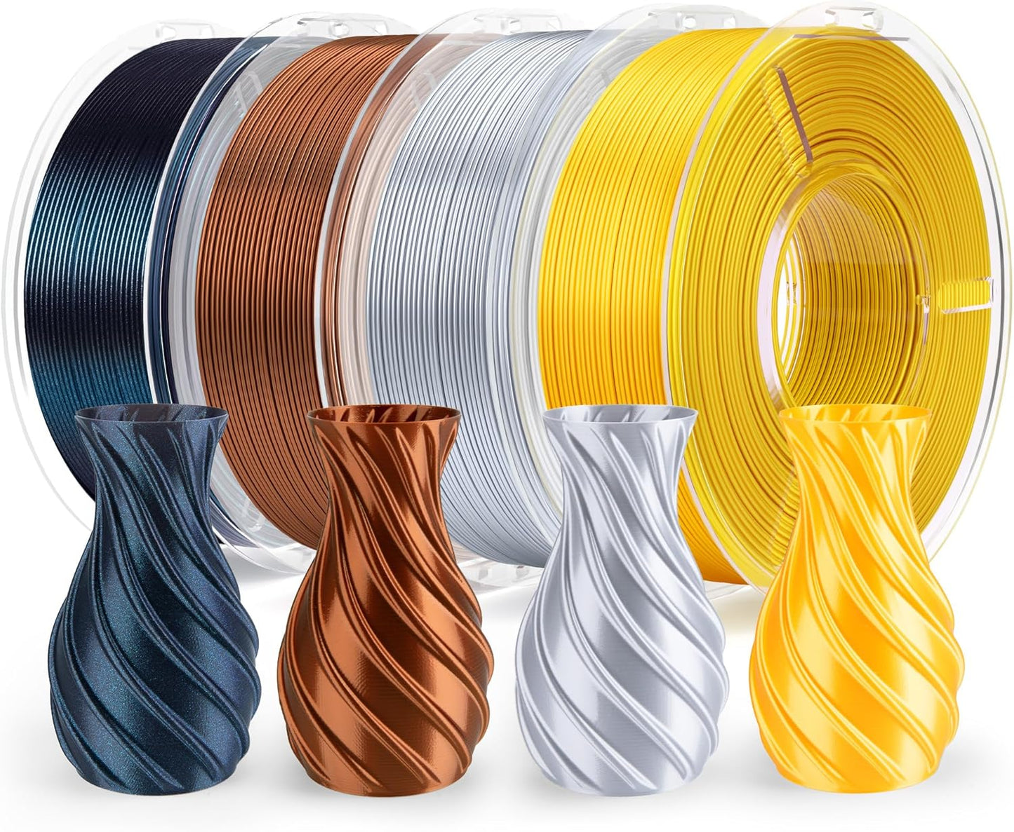 ELEGOO 250g Silk PLA Filament Bundle 1.75mm, 4 Colors 3D Printer Filaments Dimensional Accuracy +/- 0.02mm, 4 Pack 250g Spool, Silk Gold/Silk Silver/Silk Bronze/Galaxy Black
