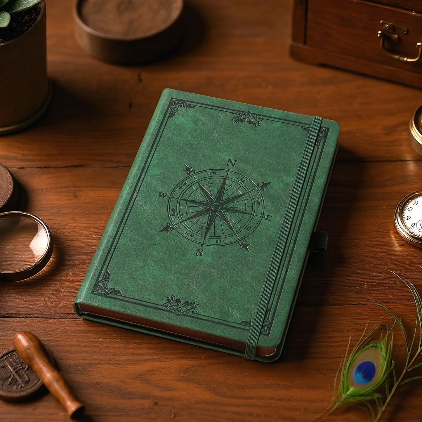 AHGXG Thick Journal Dotted Notebook for Men - 320 Numbered Pages A5 Notebook for Writing, 100gsm Dot Paper, Vintage Leather Hardcover, for Women Work Office School, 5.75'' X 8.38''- Dark Green