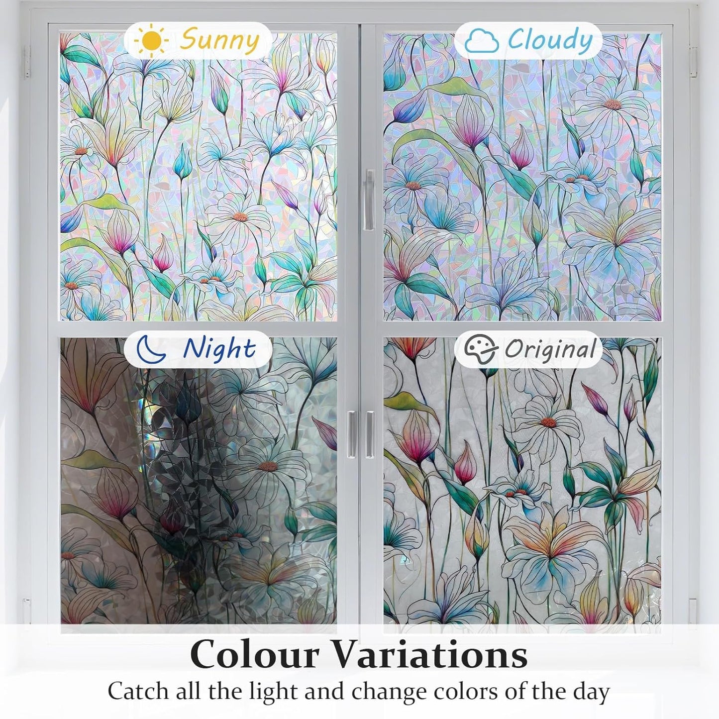 Donox Decorative Window Privacy Film, 3D Floral Stained Glass Window Film Static Cling Rainbow Privacy Sticker for Glass Door Heat Control Anti UV, No Adhesive (Magnolia,17.5 x 78.7 inches)