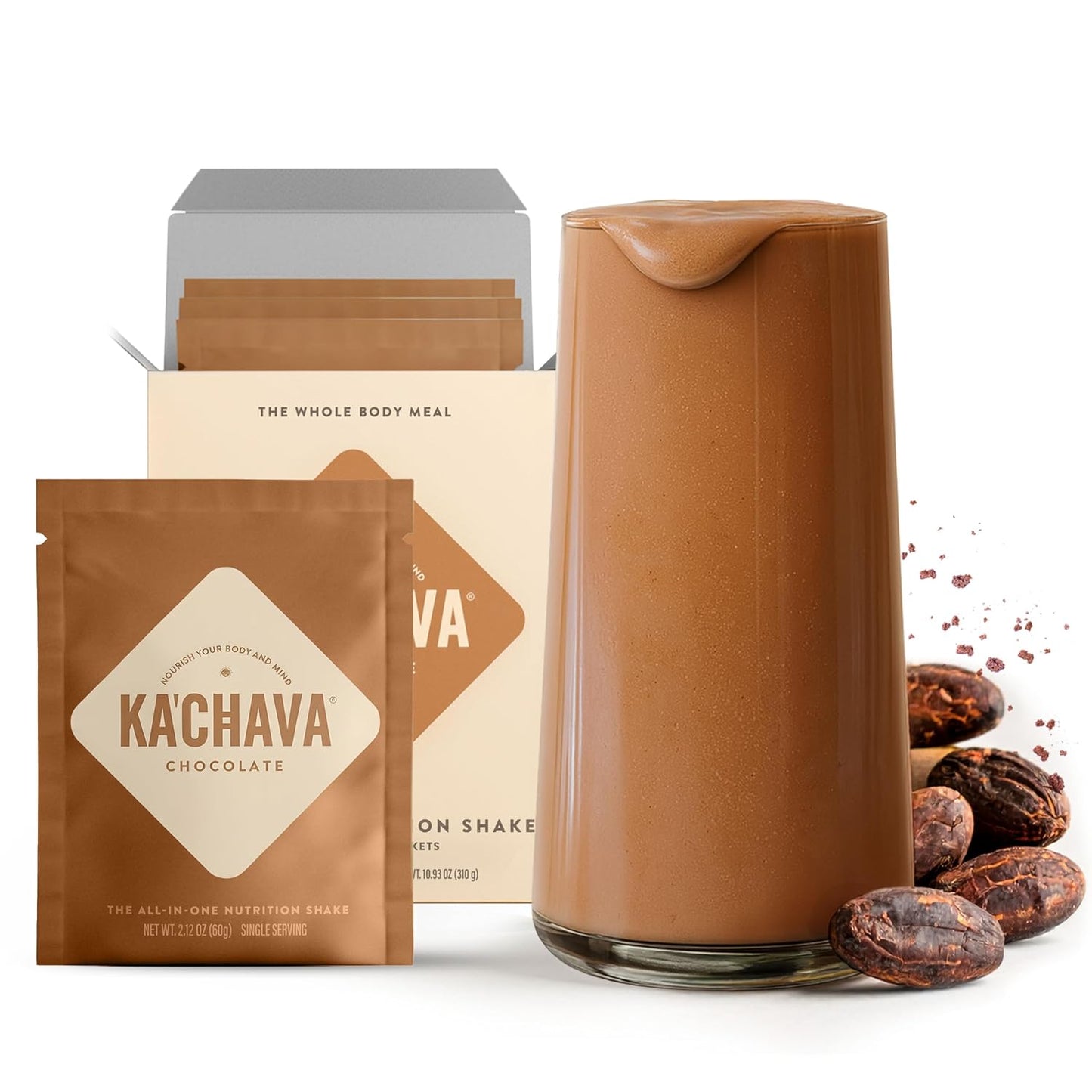 Ka’Chava Whole Body Meal Shake Chocolate, 5-count Travel Size Sachets – Vegan Protein Powder with 85+ Superfoods & Greens – Plant-Based Meal Replacement with Probiotics & Digestive Enzymes – Gluten & Dairy Free (5 Servings)