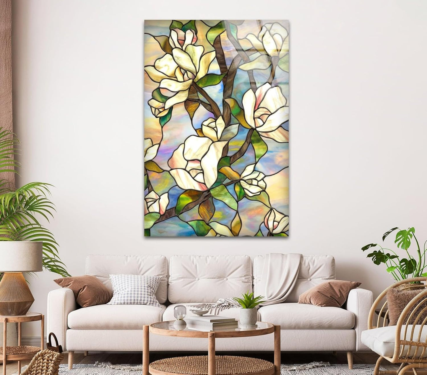 My Photostation.com Round 31,5'' Stained Magnolia Glass Wall Art Tempered Glass Printing Wall Decor Large Wall Art Wall Hangings