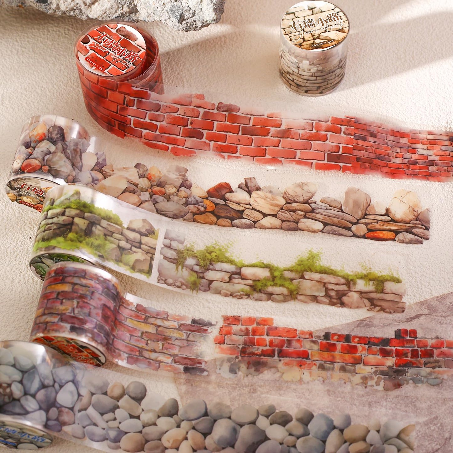 6 Rolls PET Tape Stickers for Junk Journal Supplies,Self-Adhesive PET Washi Tape for Scrapbooking,Journaling Supplies,Painting,DIY Craft(Stone Wall)