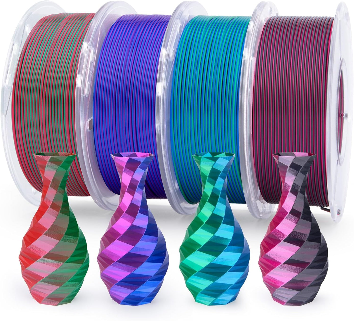 ELEGOO Silk PLA Filament Bundle 1.75mm, Dual Colors 3D Printer Filaments Dimensional Accuracy +/- 0.05mm, Multicolors 4 Pack 250g Spool Green Red/Blue Purple/Black Red/Blue Green