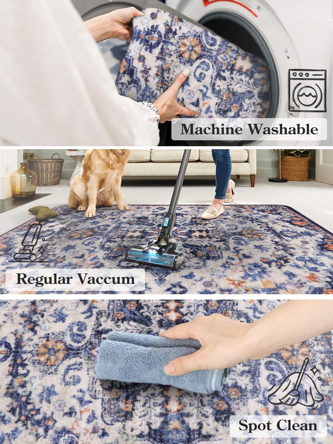 Lahome Bohemian Floral Medallion Area Rug - 3x5 Blue Soft Entryway Rug Washable Bedroom Mat, Cute Non Slip Indoor Office Carpet for Kitchen Mudroom Bathroom Coffee Table Hall Foyer