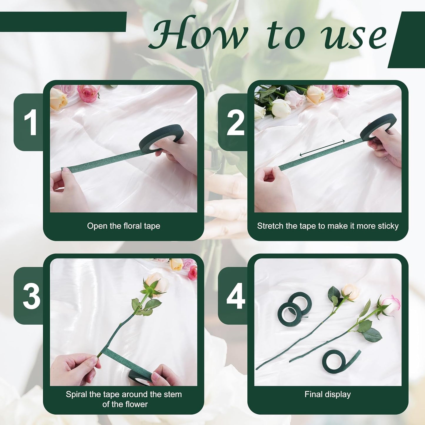 DF DUALFERV 12 Rolls Dark Green Floral Tape Stem Wrap, 1/2" Wide Flower Tape for Bouquets, 30 Yards Floral Tape for Fresh Flowers for Flower Arranging, Wreath Making, Wedding Bouquets