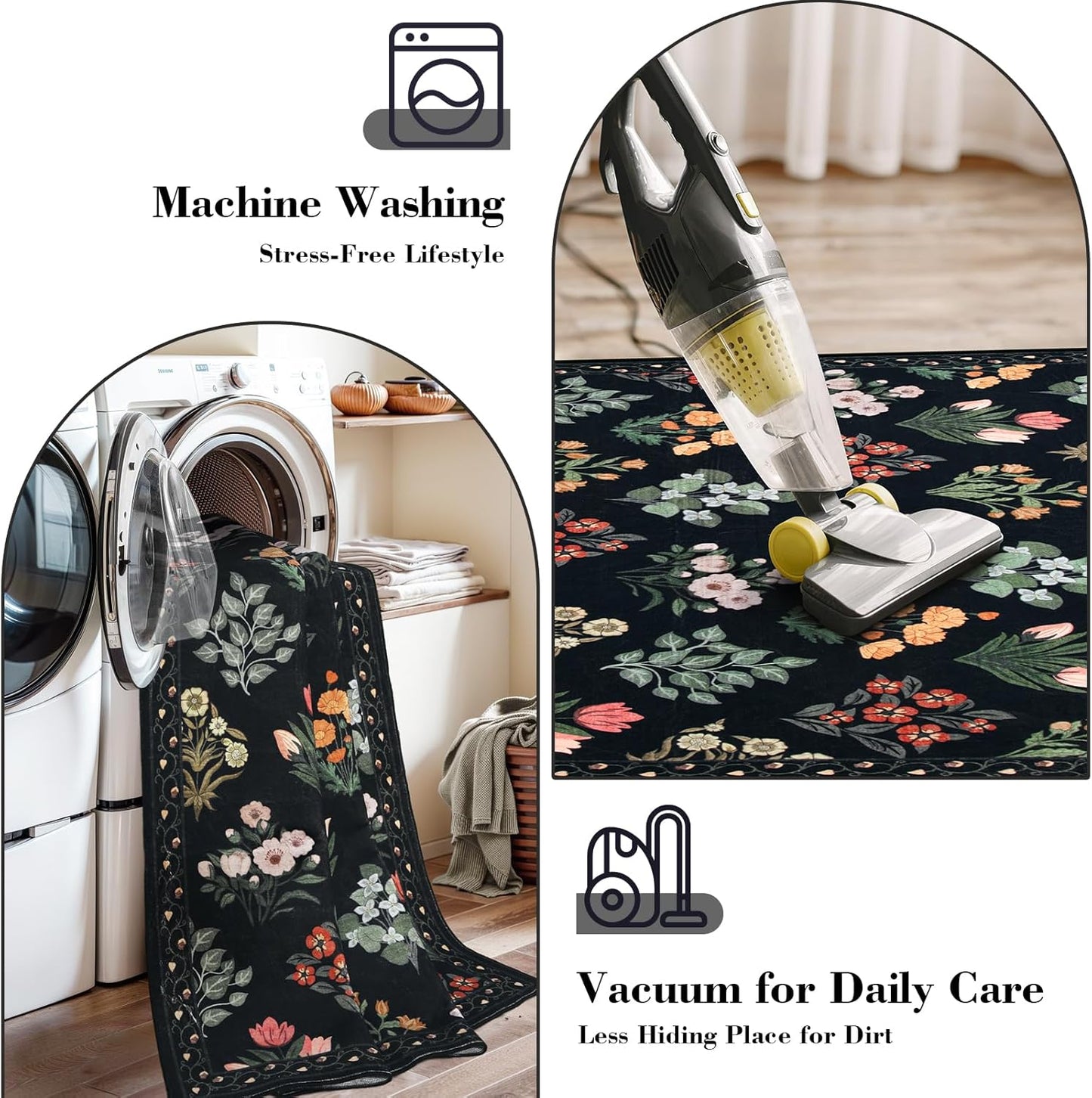 Wonnitar Floral Print 8x10 Washable Rug, Non Slip Black Dining Room Rug, Moroccan Large Stain Resistant Low Pile Indoor Carpet for Bedroom Playroom Home Decor, Black/Multi
