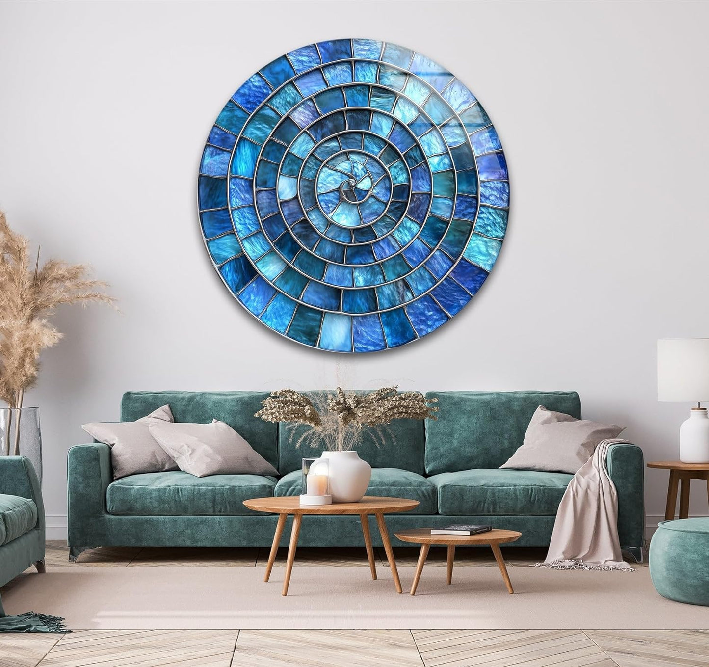 My Photostation.com 10''(25cm) Diameter Blue Aqua Spiral Harmony Round Glass Wall Art Tempered Glass Printing Wall Decor Large Wall Art Wall Hangings