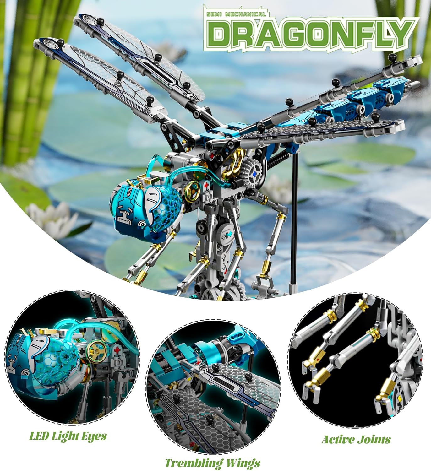Mechanical Dragonfly Building Blocks for Adults, Insect Animal World Model with LED Light & Display Stand, Educational STEM Toys for Adult Home or Office Décor (866PCS)