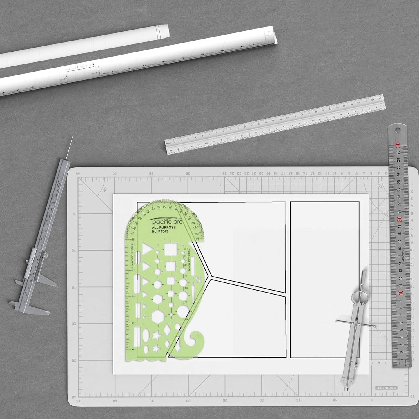 Pacific Arc All Purpose Template Guide, Featuring A Protractor, 4 Inch Ruler, French Curves, and Standard Shapes
