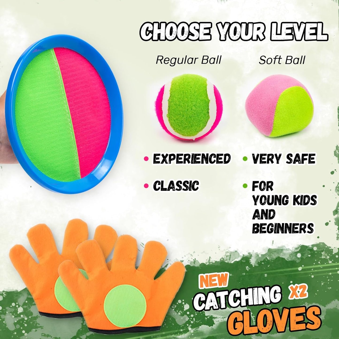 Toss and Catch Ball Set, Outdoor Games, Beach/Backyard/Lawn Games, Paddle Ball and Catch Game, Gifts for Kids/Adults/Family (6 Paddles, 4 Balls/Catching Gloves/Carrying Bag)