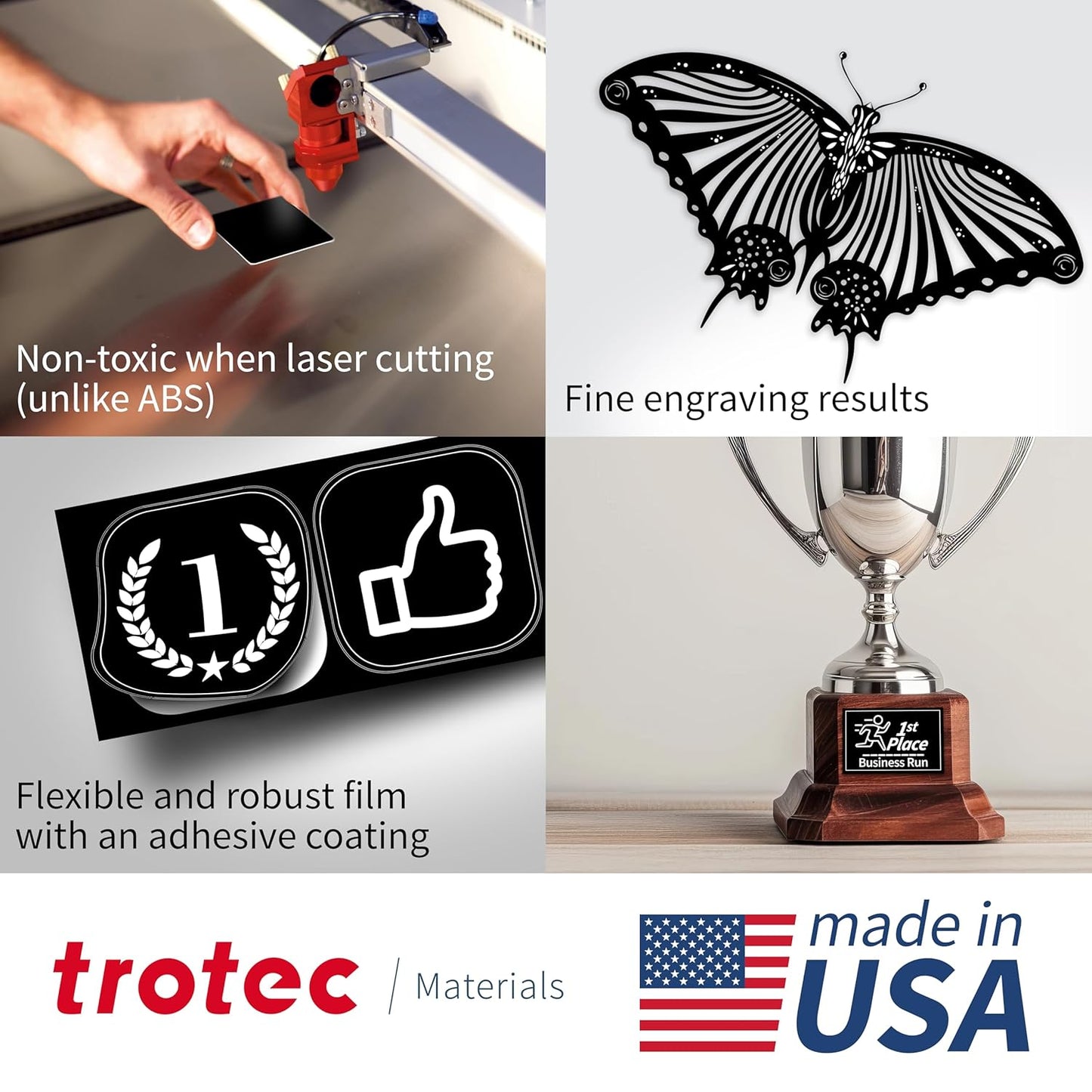 Trotec TroLase Lights | 24"x12"x1/250"(0.1mm thick) | Adhesive-Backed Flexible Laser Engraving Sheet/Film for Decal & Label | Double Color Plastic Sheet for Engraving | Black/White | 10pcs