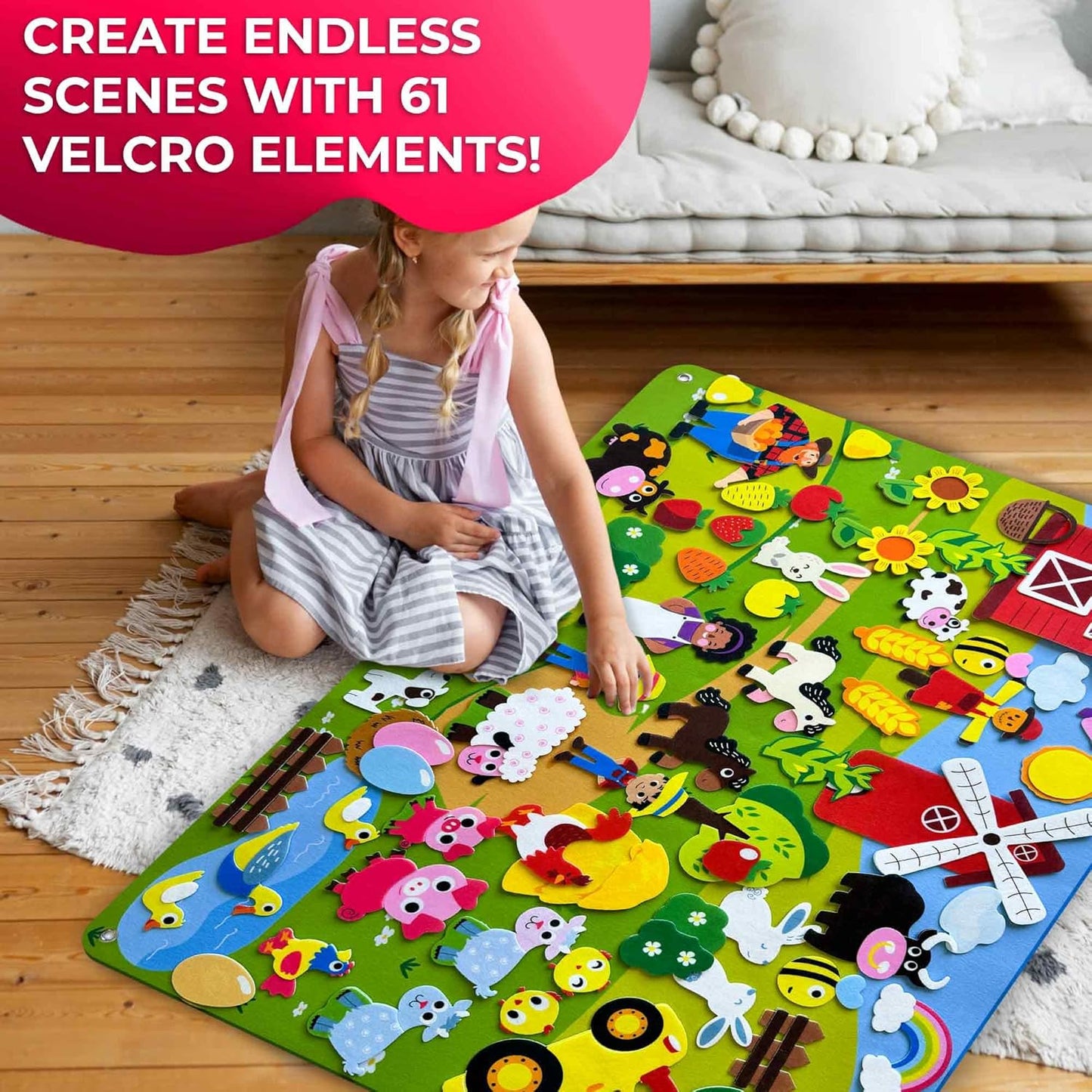 QUOKKA Farm Felt Board for Toddlers - 70 PCS Double-Thick Felt Board Story Set with Large 41x30 Inch Durable Wall Activity Boards - Ideal for Storytelling Indoor Toddler Activities and Classroom