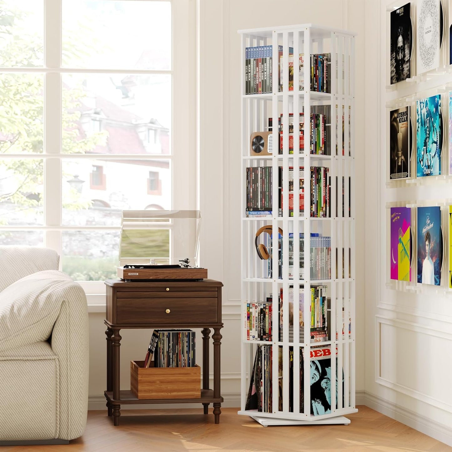 XIMN 360° Rotating Bamboo CD/DVD Shelf - 6-Tier Space-Saving Media Storage Cabinet for Movies, Organizer with Super Compact Design (White, 6 Tier)