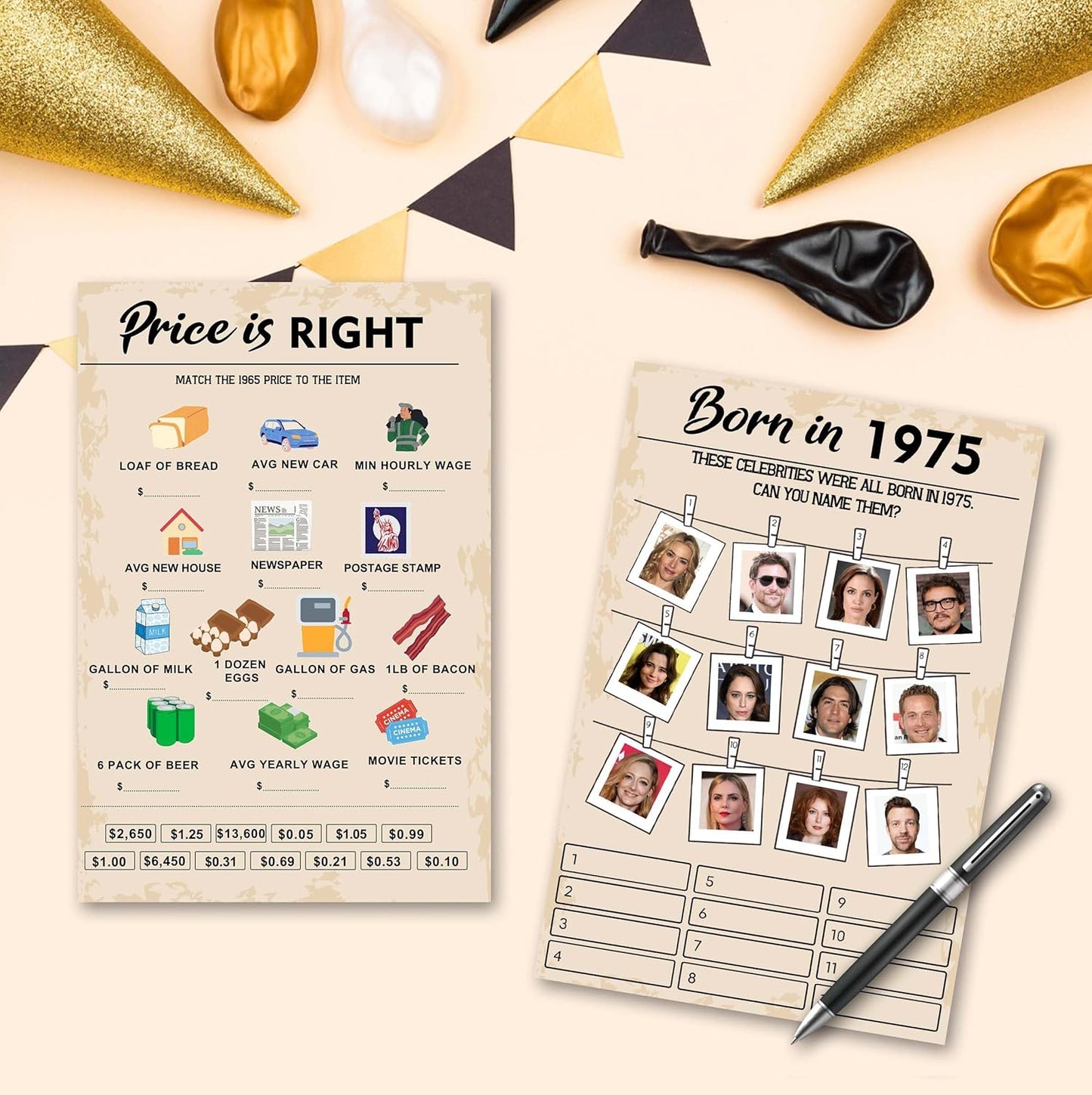 50th Birthday Party Games, Set of 2 Activities for 15 Guests, Born in 1975 Games Bundle, Birthday Party Supplies for Adults, Pack of 30 Cards