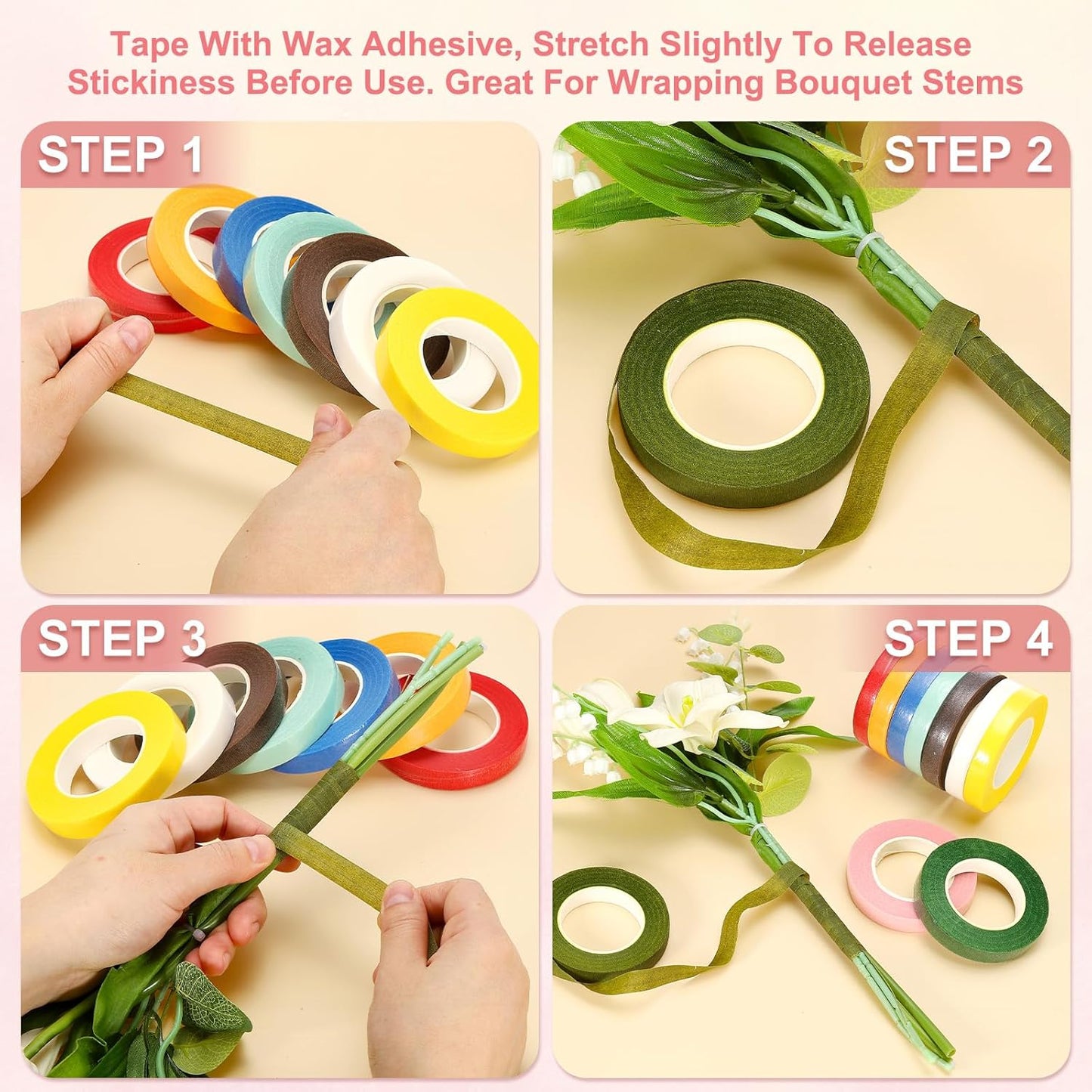 MECCANIXITY 3 Rolls Floral Tapes, 30 Yard x 1/16 in Florist Crepe Flowers Bouquets Tape Adhesive Waterproof for Flower Arranging Wrapping, Coffee