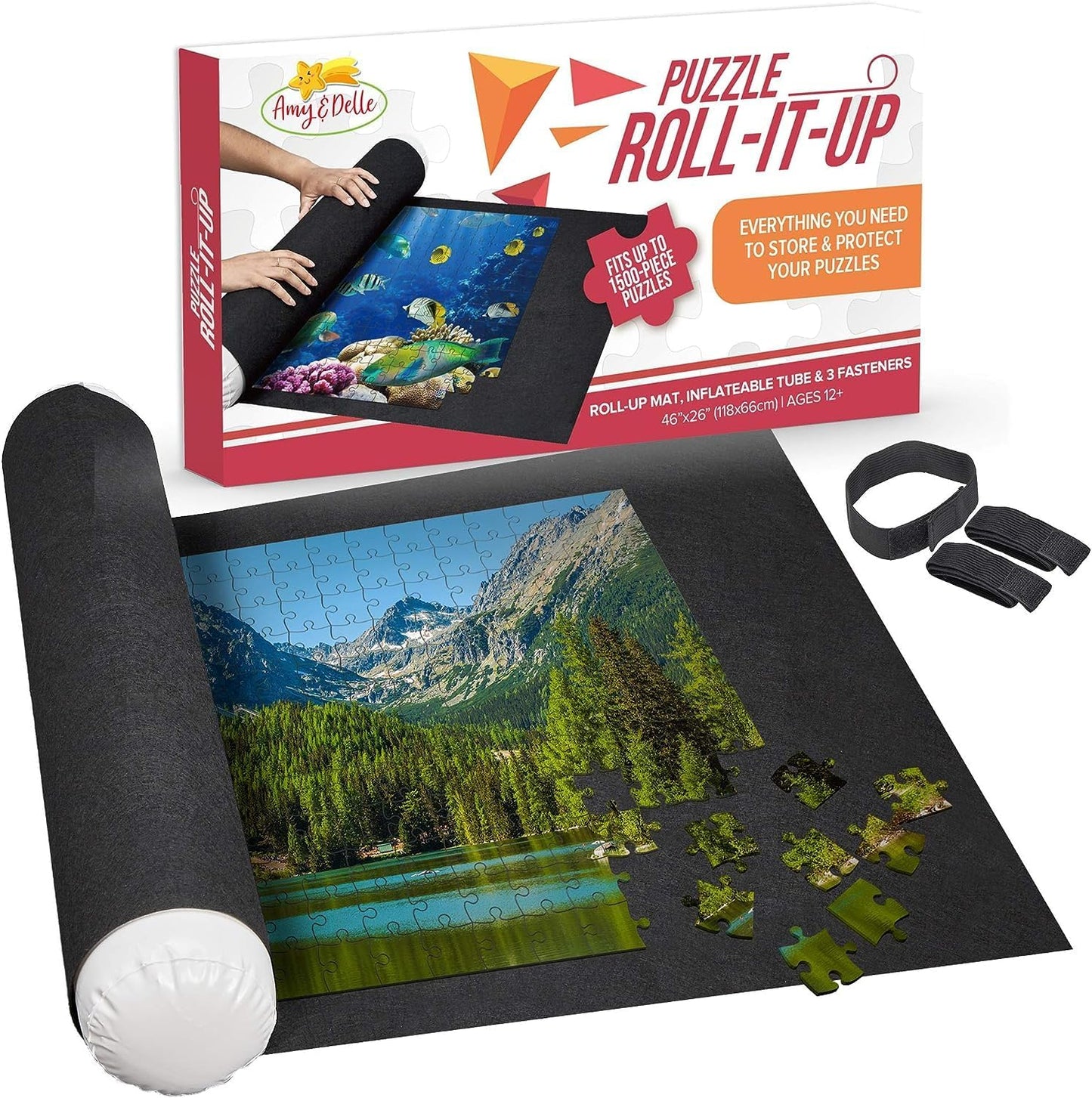 Puzzle Roll Up Mat - Store and Transport Jigsaw Puzzles Up to 1500 Pieces - 46" x 26" Felt Mat, Inflatable Tube, and 3 Elastic Fasteners Newer Improved Design - by Amy and Delle