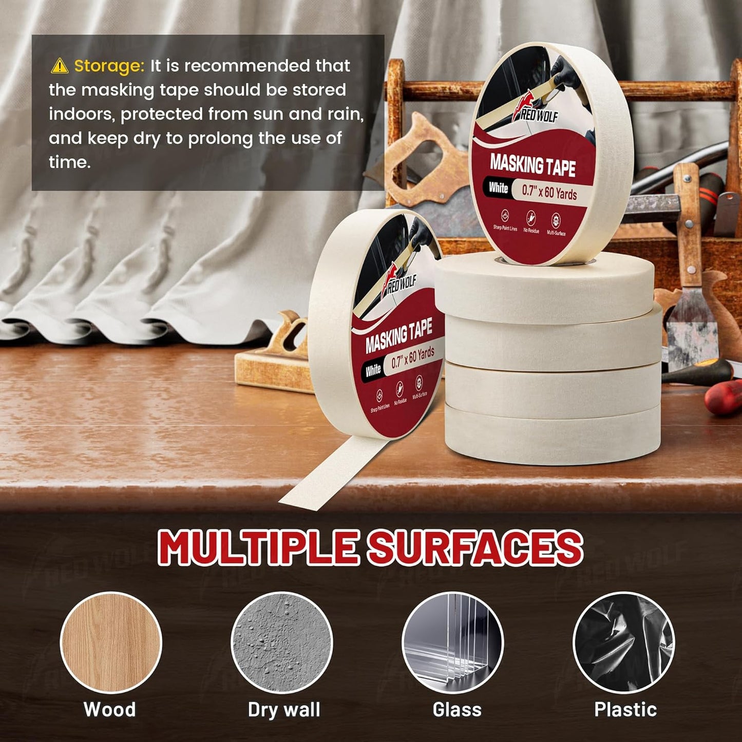 RED WOLF 6 Pack Masking Tape 0.7" x 60 Yards, General Purpose for Painting Arts Crafts Label Car Painting, Sharp Paint Line No Residue Painters Tape White Beige Crepe Paper Tape Heat Resistance