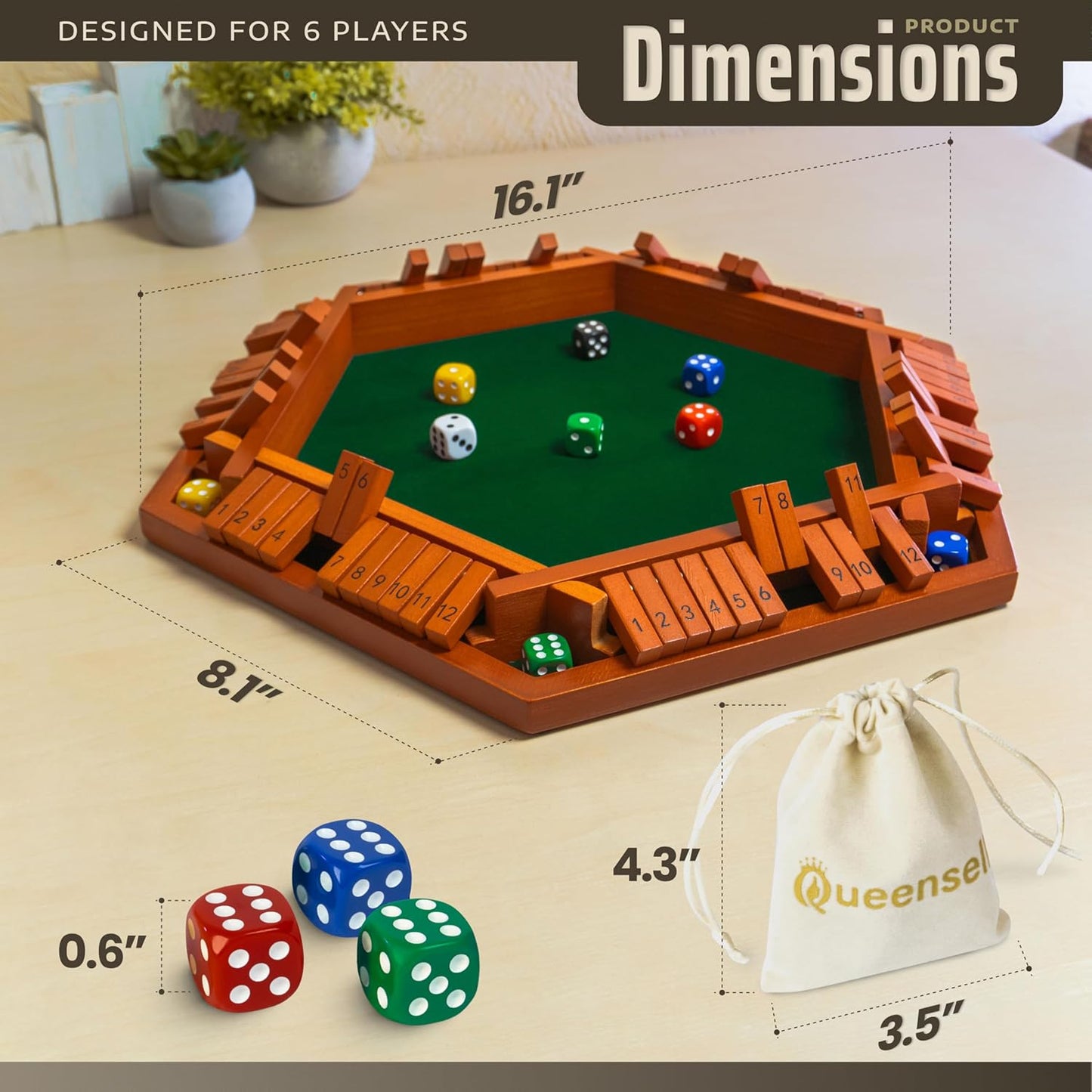Queensell Shut The Box Game Wooden Board for 1-6 Players - 16-inch Shut The Box Game 12 Numbers for Adults & Kids - Ideal for Games Night