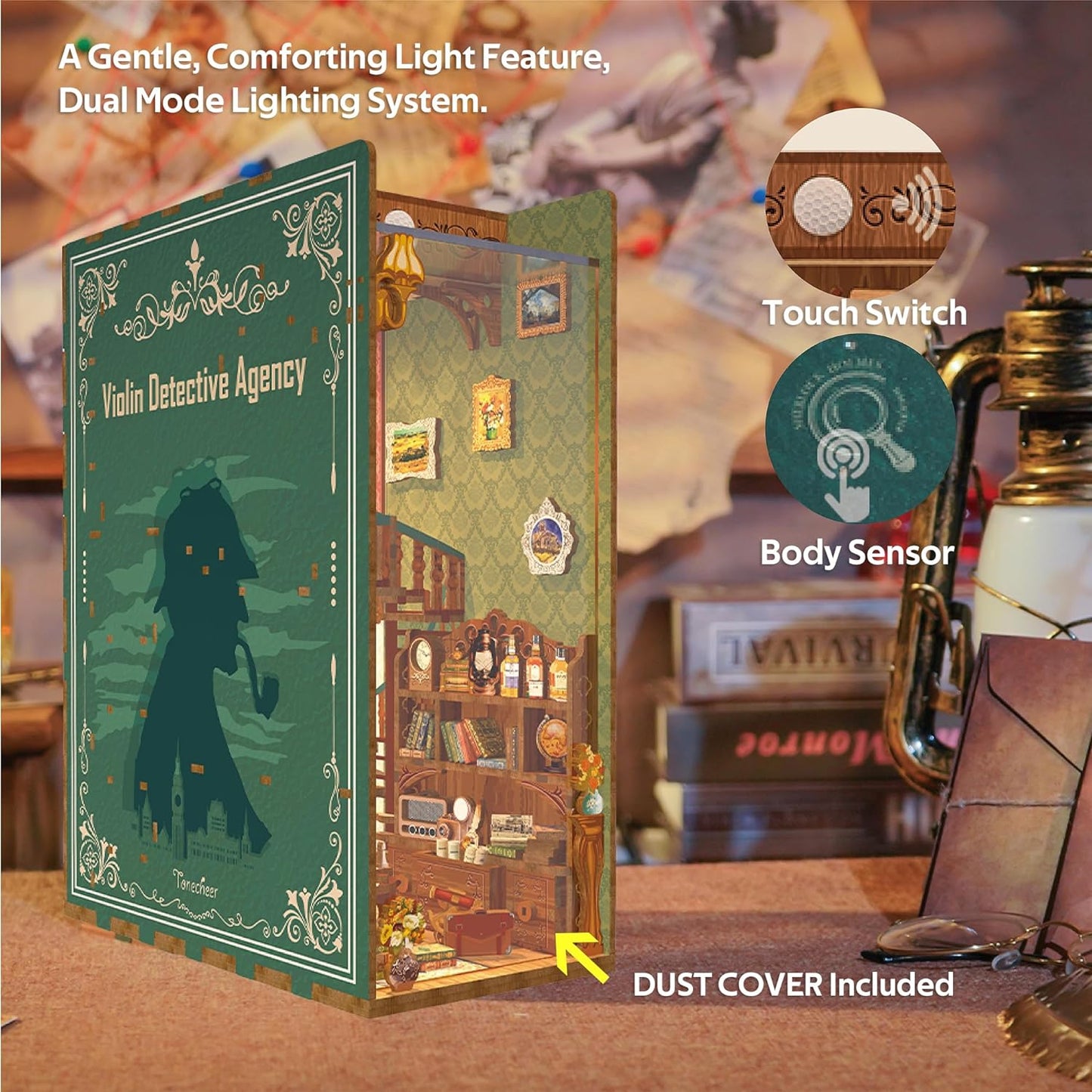 Tonecheer DIY Book Nook Kit for Adults, Wooden 3D Puzzle Bookend Bookshelf Insert Decor, Detective Booknook Miniature House Kit with Dust Cover and Body Motion Sensor LED (Violin Detective Agency)