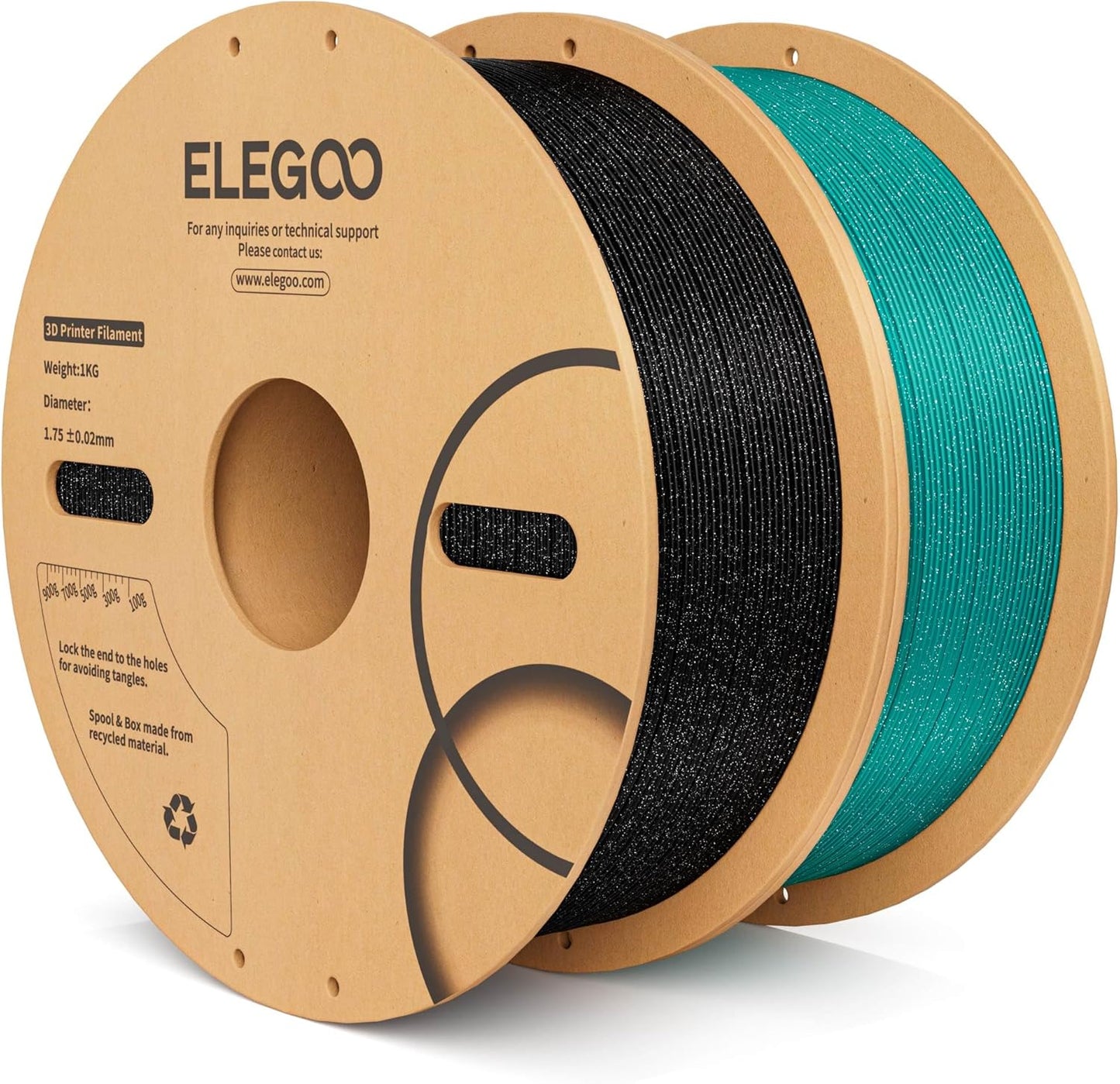 ELEGOO PLA Filament 1.75mm 2KG Sparkle Black & Turquoise, Glitter Twinkling 3D Printer Filament Dimensional Accuracy +/- 0.02mm, 2pcs 1kg Spool(2.2lbs) Fits for Most FDM 3D Printers