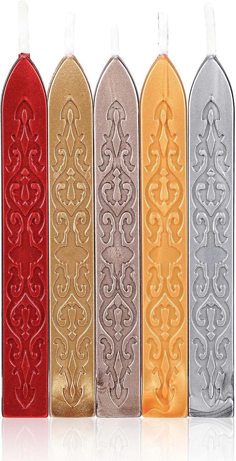 Yoption 5 Pcs Sealing Wax Sticks with Wicks for Wax Seal Stamp, Wedding Invitations, Gift Wrapping, Christmas (Gold, Metallic Red, Antique Gold, Champagne Gold, Silver)