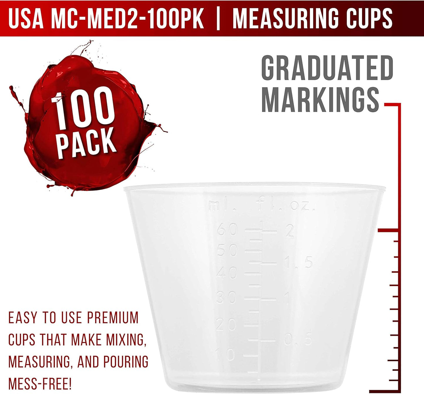 Pouring Masters 2 Oz (60 ml) Liquid Measuring Cups - Plastic Graduated Cup (100 Pack) with 25 Sticks - Reusable Mixing Cups for Paint, Craft, Kitchen, Lab, Medical Supplies, Epoxy Resin, Art