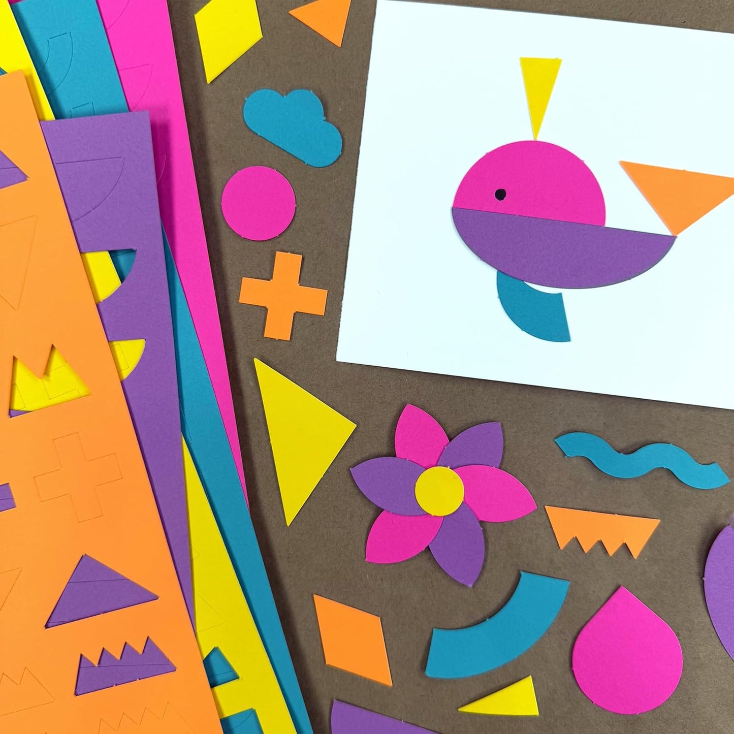 ARTshapes 840 pc Creative Paper Shapes Pack with 70+ Idea Guide - US Made Card Stock - Punch Out Funky DIY Craft Supplies for Whimsical Art Designs, Paper Crafts, and Pattern Play 5 Festive Colors