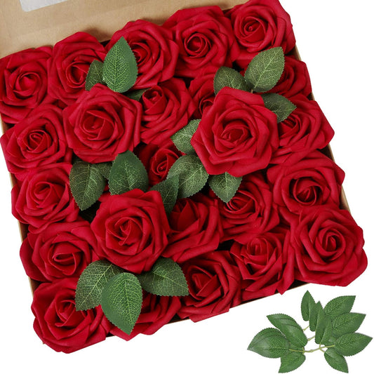 AmyHomie Artificial Flowers Dark Red Rose 100pcs Real Looking Fake Roses w/Stem for DIY Wedding Bouquets Centerpieces Arrangements Party Baby Shower Home Decorations