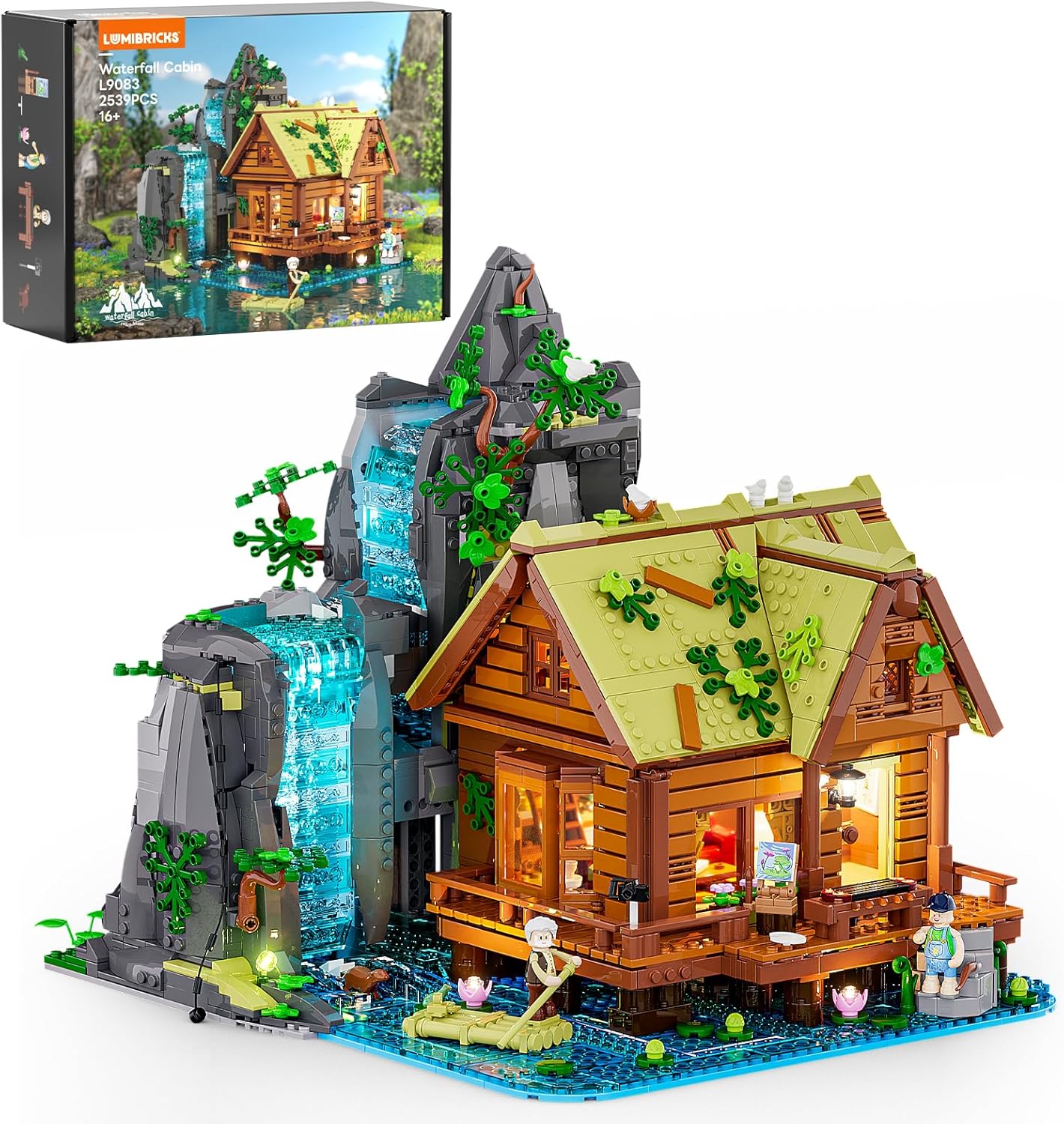 Waterfall-Cabin Lighting Building-Bricks Set - 2539 Pcs Retro Waterfall House Collection LED Light Set for Adults and Retro House Architecture Building Collectors