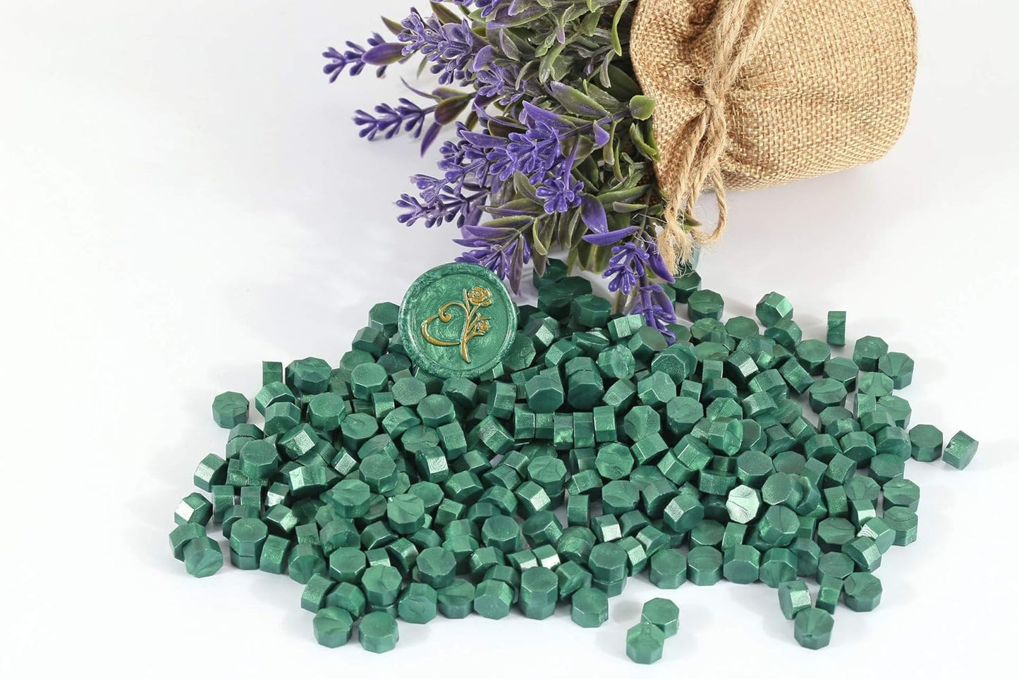 Yoption 360Pcs Metallic Green Sealing Wax Beads, Hexagon Wax Seal Beads with 4Pcs Tea Candles and 2 Melting Spoons for Wedding Invitations, Wine Packaging, Gift Wrap, Envelopes