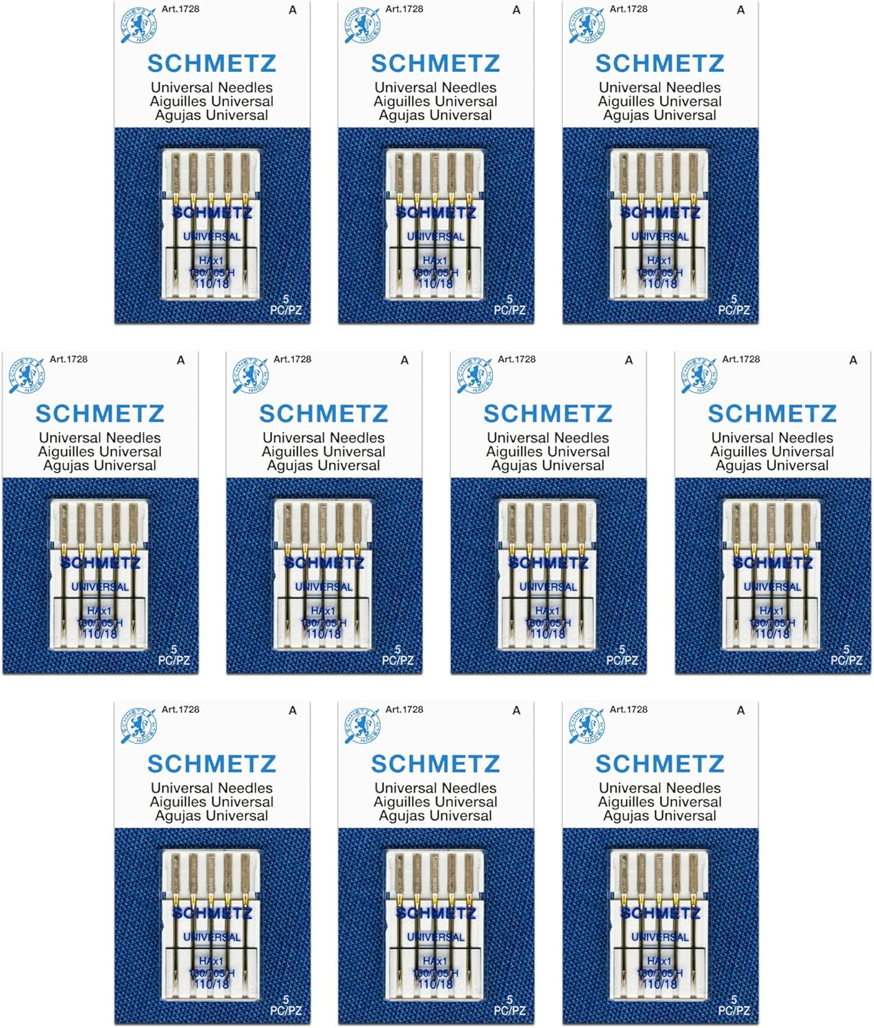 SCHMETZ Universal Sewing Machine Needles - Size 110/18, 5-Needle Cards, Pack of 10