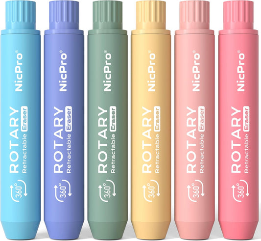 Nicpro 6 Pack Rotary Retractable Erasers Pen Style, Aesthetic Pastel Twist Erasers in Rainbow Colors, Clean Erasing TPE Eraser for School Supplies, Office, Drawing & Journaling