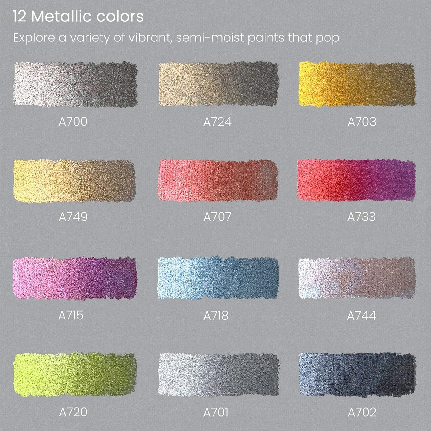 ARTEZA Watercolor Paint Set, 12 Metallic Watercolor Paints, Glitter Watercolor Paint in Half Pans, Travel Watercolor Set
