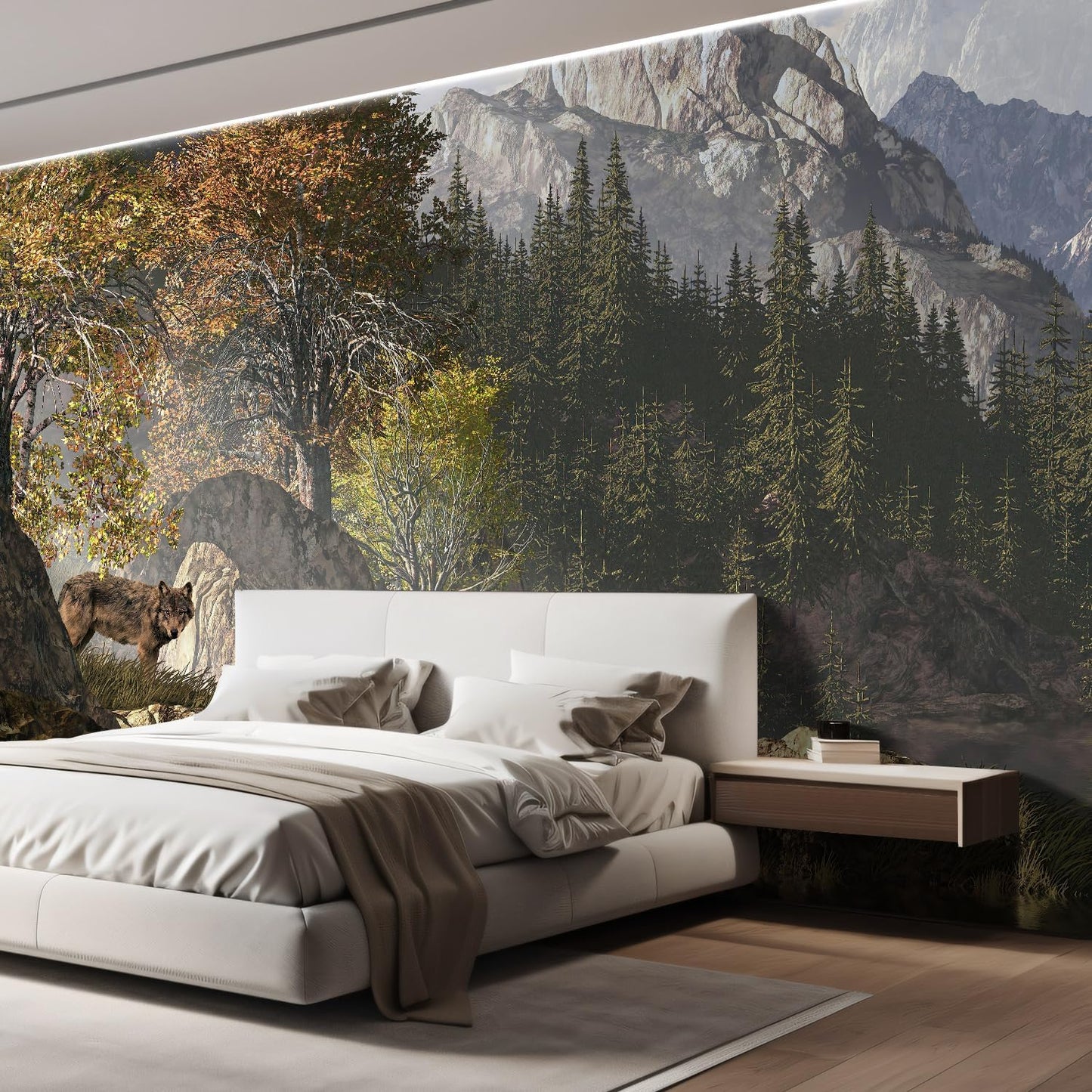wall26 Wolf Near a Lake in a Rocky Mountain Landscape. Removable Wall Mural | Self-Adhesive Large Wallpaper - 120x144 inches