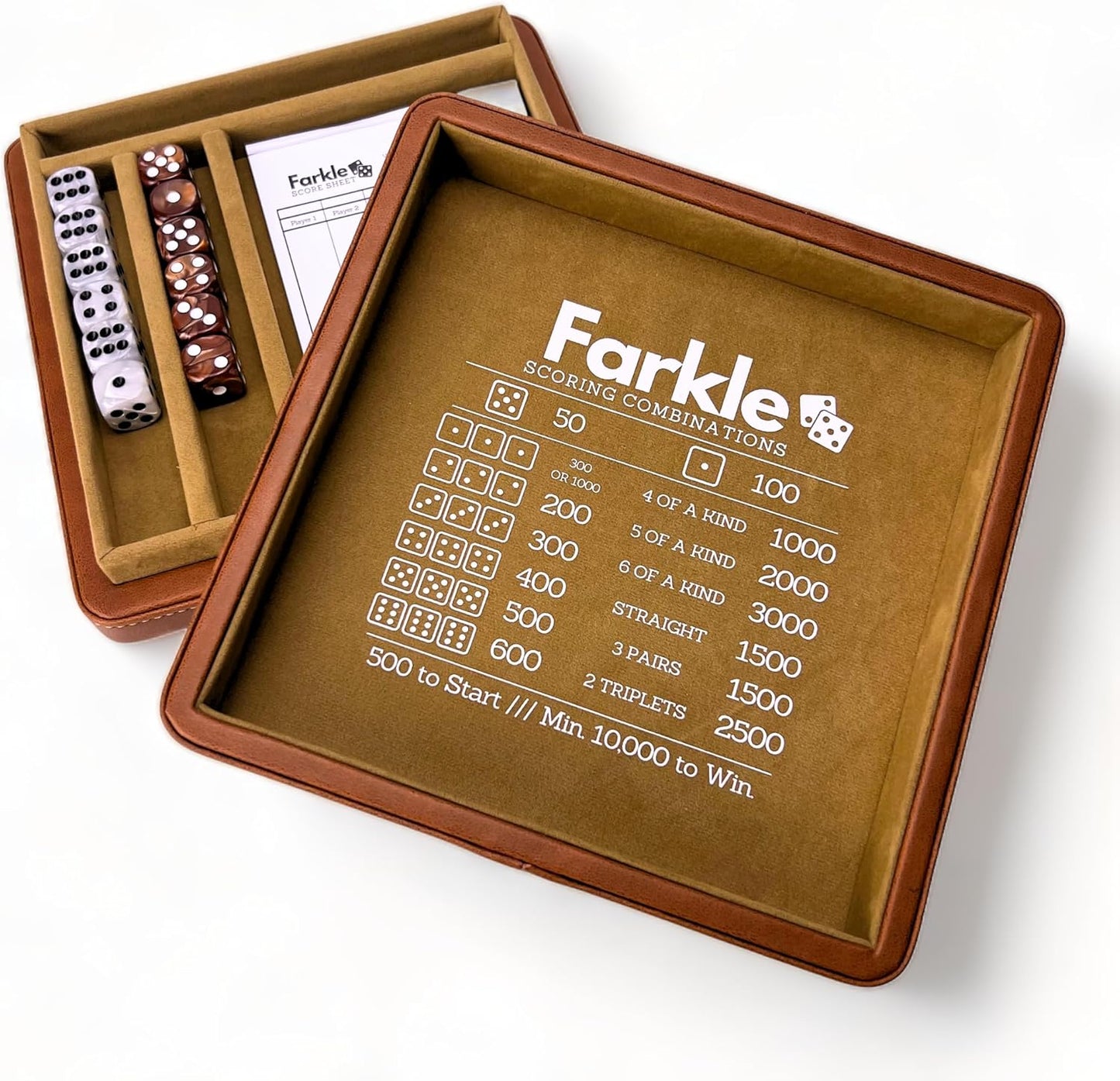 Luck Lab Farkle Dice Tray and Storage Case - Includes Embedded Scoring Combinations, 2 Sets of 6 Pearl Dice, 40 Sheet Score Pad and Pen Holder for The Classic Family Game (Brown)