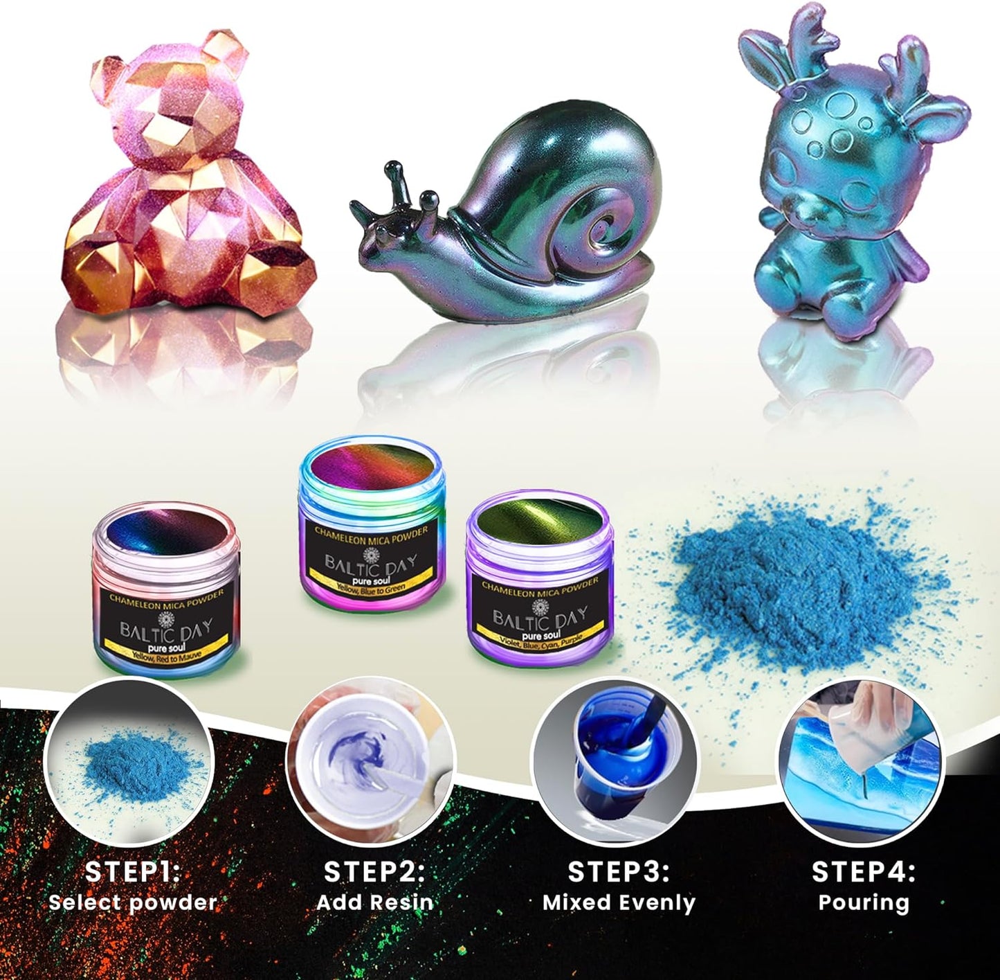 BALTIC DAY - Mica Powder, 100 Colors - 10 Chameleon Mica Powder for Epoxy Resin 10g/Bottle - Resin Colorant for Lip Gloss, Soap Making, Candle, Nail, Bath Bomb, Paint, Car Freshies