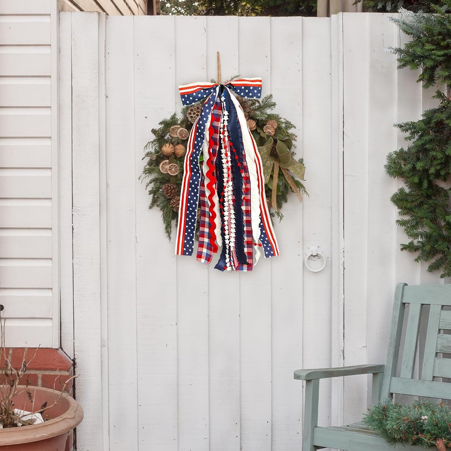 Large Patriotic Star Ribbon Bow for Wreath, Red White Buffalo Plaid Fabric Ribbons Set Assorted Lace Ribbon 4th of July Clip-On Wreath Sash Ribbons Bundle for Patriotic Indoor Outdoor Decor