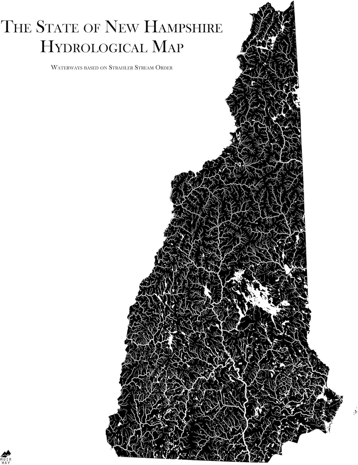 Muir Way Hydrological River Map of New Hampshire - Watershed Topographic Wall Art for Home, Office, or Travel Decor - Unframed Flat Paper Print, 24x30