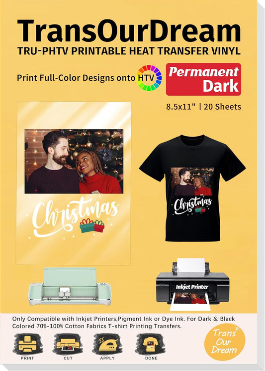 TransOurDream Tru-PHTV Printable Heat Transfer Vinyl for T Shirts (20 Sheets, 8.5x11) Full-Color Iron on Vinyl for Inkjet Printer Easy to Cut & Weed DIY Design