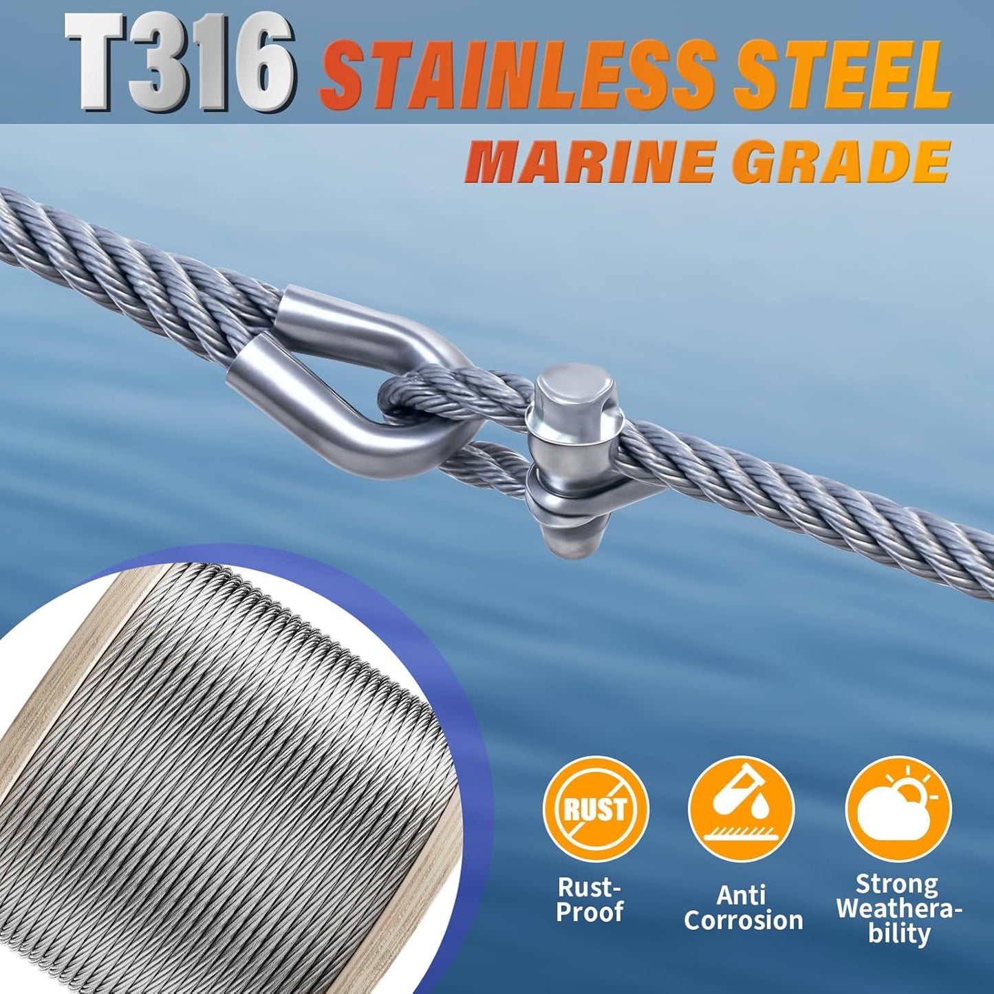 Stainless Steel Cable for Railing - 250FT 1/4" T316 Wire Rope - 7 x 19 Strands 6700 LBS Breaking Strength for Outdoor Deck Railing Zipline
