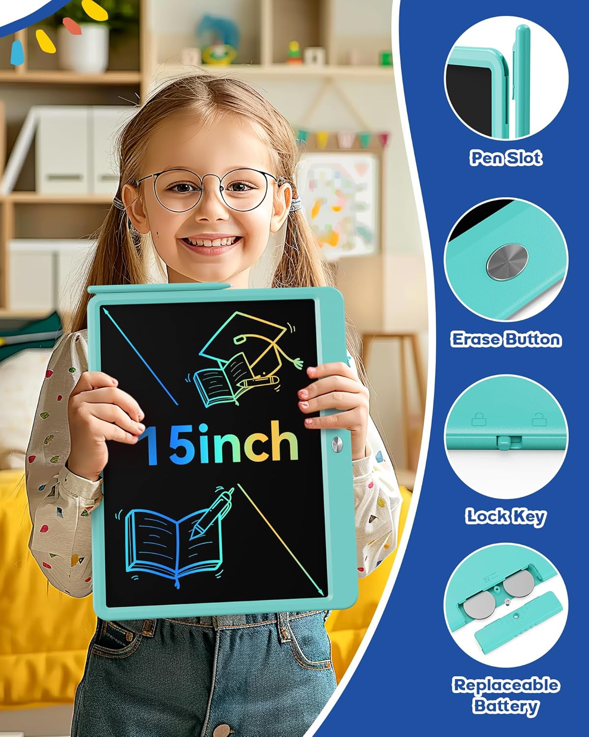 Bravokids 15 Inch LCD Writing Tablet for 3 Year Olds - Electronic Drawing Pad and Doodle Board as Educational Birthday Gifts for Girls and Boys (Blue)